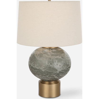 Lunia Table Lamp by Uttermost in smoky gray. Made from iron, glass, linen in a modern style.