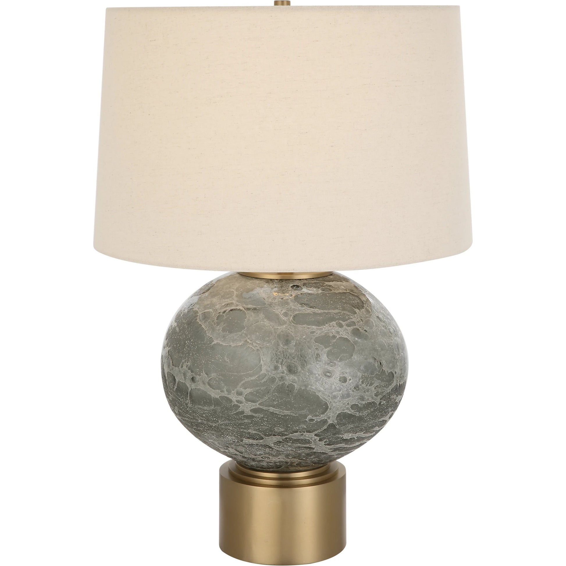 Lunia Table Lamp by Uttermost in smoky gray. Made from iron, glass, linen in a modern style.
