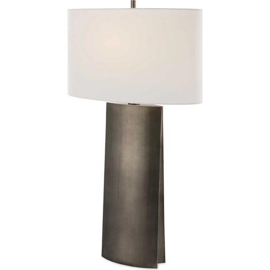 V-Groove Table Lamp by Uttermost in dark steel gray. Made from iron, fabric in a modern style.