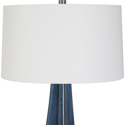 Teramo Table Lamp by Uttermost in blue and nickel. Made from ceramic, iron, fabric in a modern style.