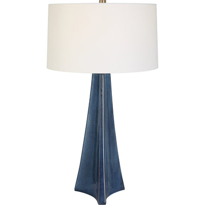 Teramo Table Lamp by Uttermost in blue and nickel. Made from ceramic, iron, fabric in a modern style.