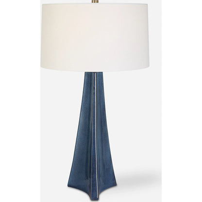 Teramo Table Lamp by Uttermost in blue and nickel. Made from ceramic, iron, fabric in a modern style.