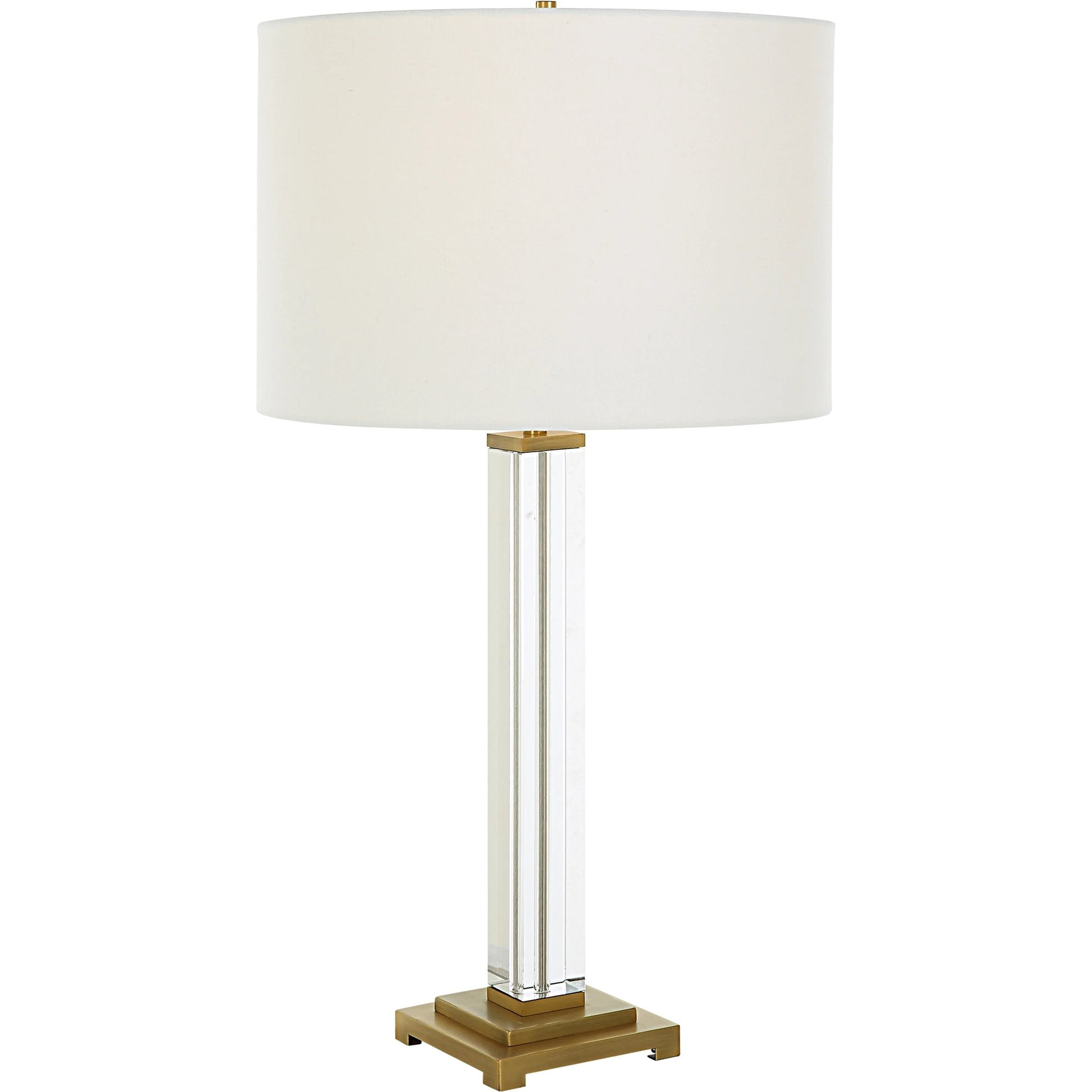Crystal Column Table Lamp by Uttermost in brass. Made from crystal, iron, fabric in a modern style.