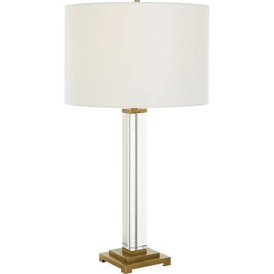 Crystal Column Table Lamp by Uttermost in brass. Made from crystal, iron, fabric in a modern style.