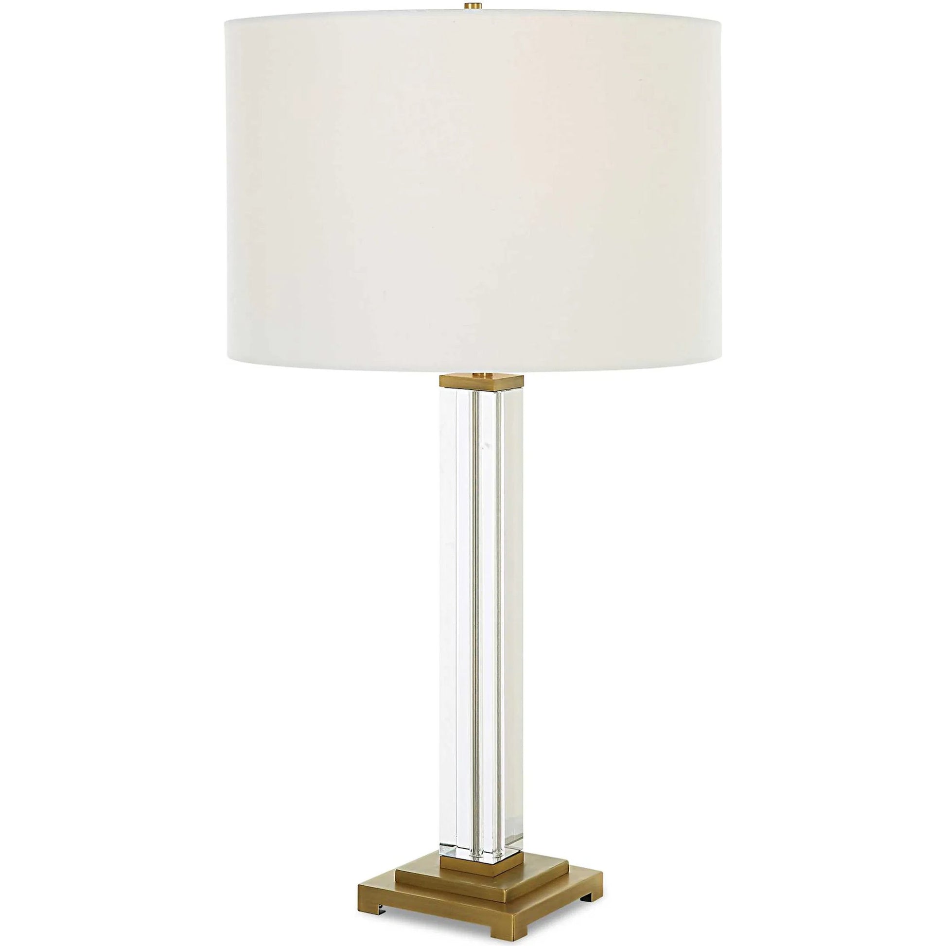Crystal Column Table Lamp by Uttermost in brass. Made from crystal, iron, fabric in a modern style.