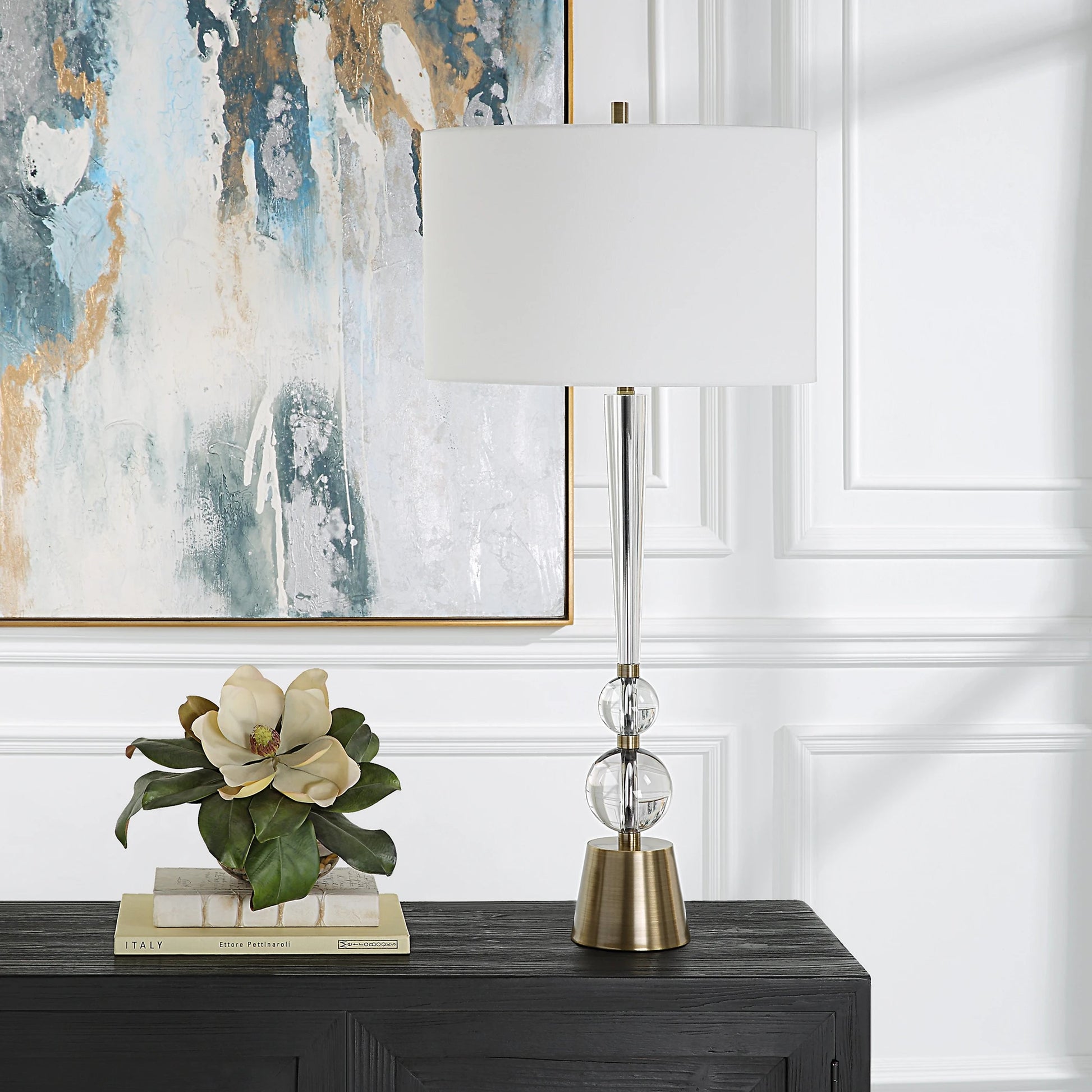 Annily Table Lamp by Uttermost in brass. Made from steel, crystal, fabric in a modern style.