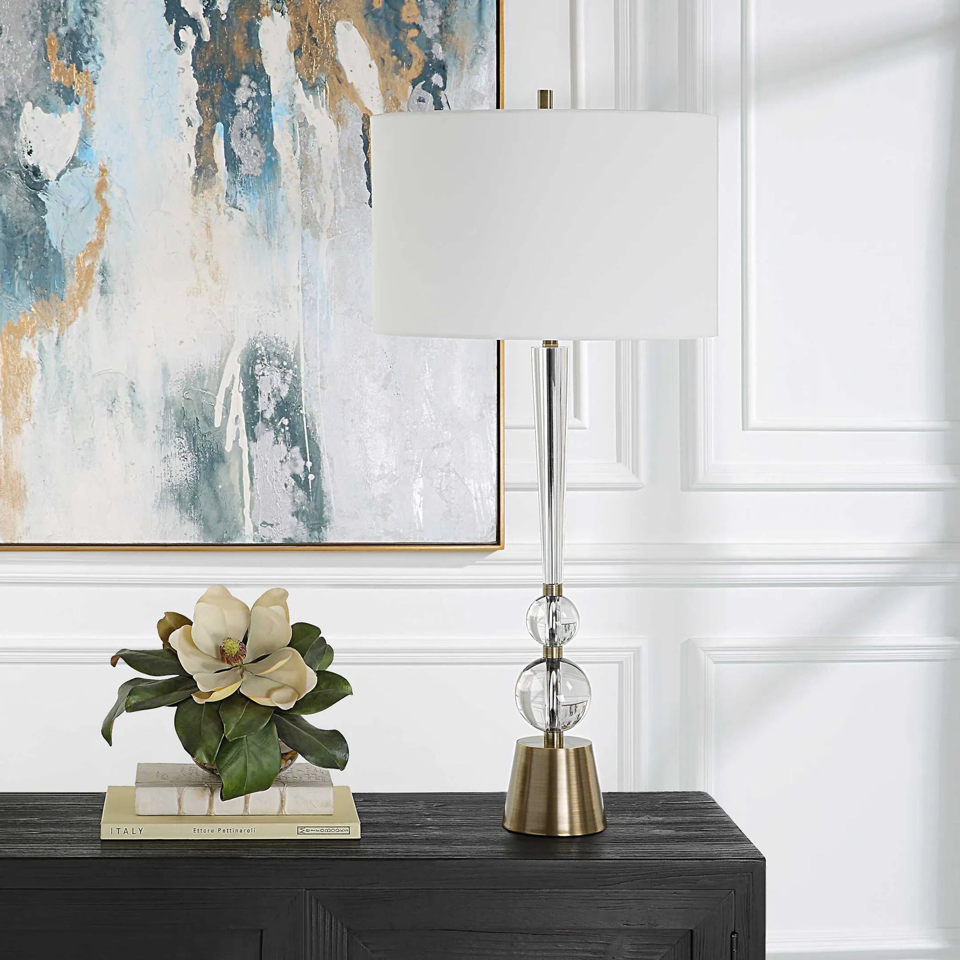 Annily Table Lamp by Uttermost in brass. Made from steel, crystal, fabric in a modern style.