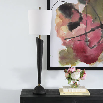 Cypher Modern Buffet Lamp by Uttermost in brass. Made from steel, rice stone, resin, fabric in a modern style.
