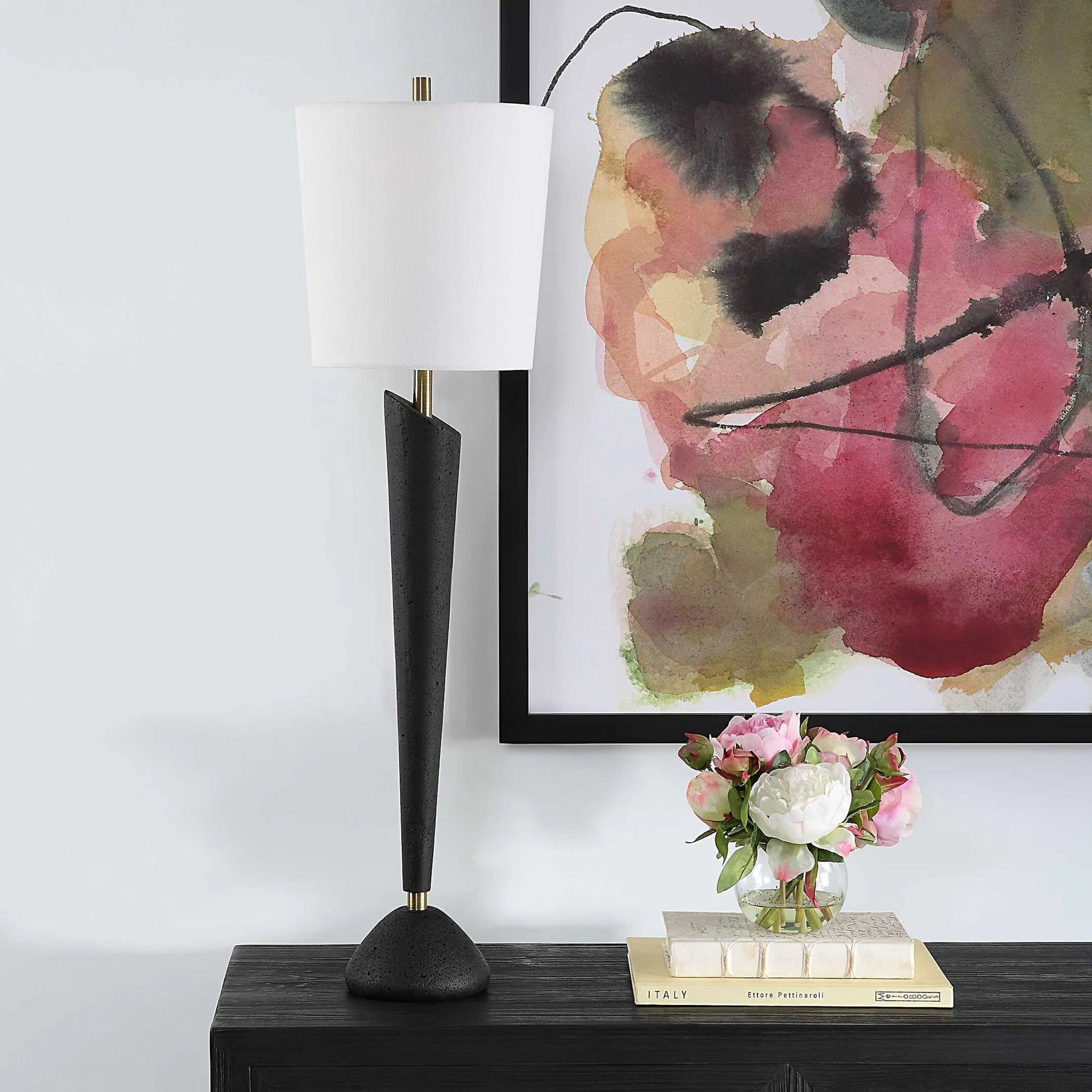Cypher Modern Buffet Lamp by Uttermost in brass. Made from steel, rice stone, resin, fabric in a modern style.