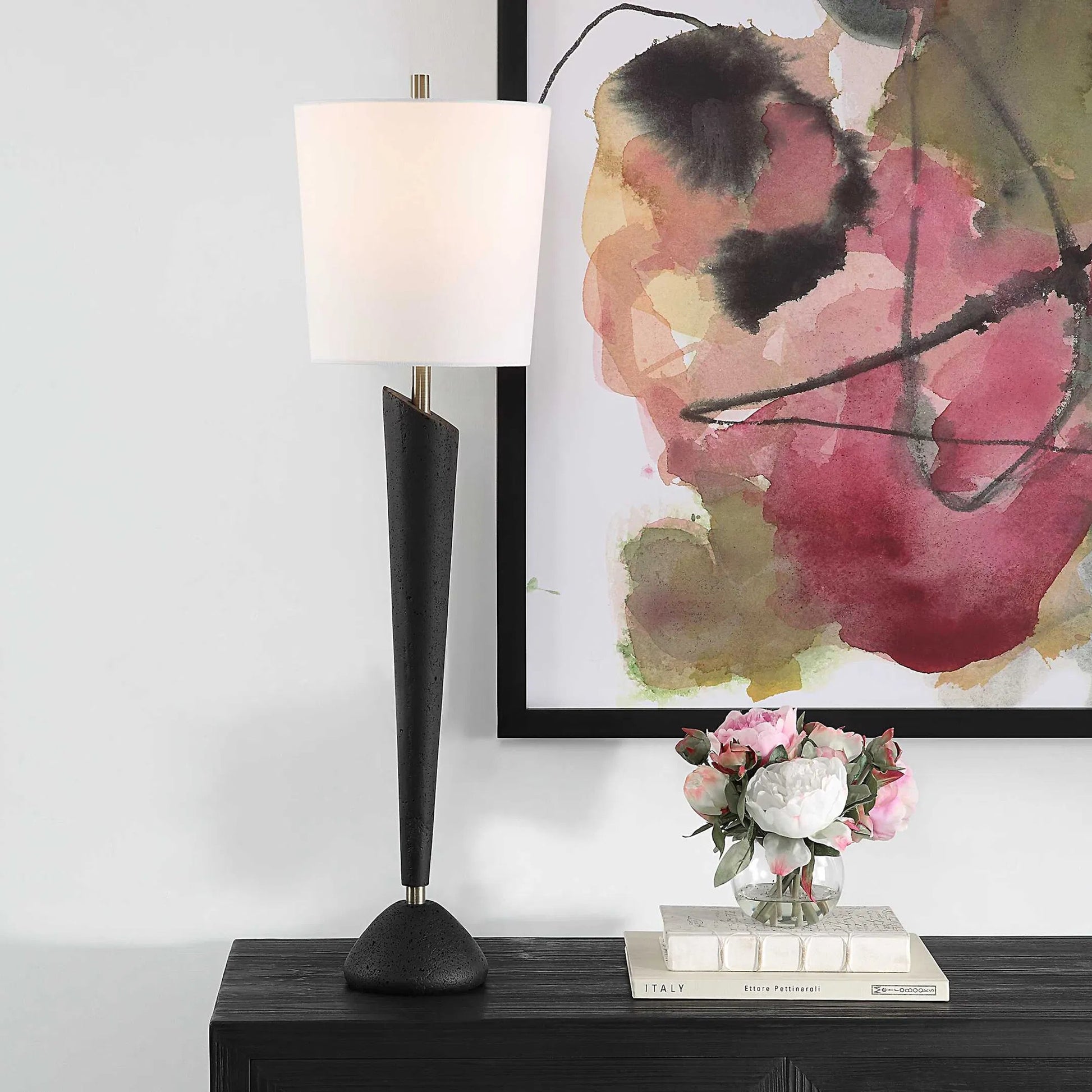 Cypher Modern Buffet Lamp by Uttermost in brass. Made from steel, rice stone, resin, fabric in a modern style.