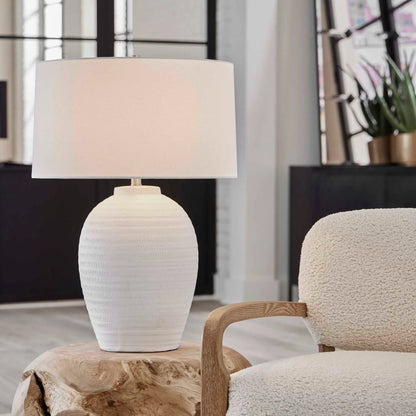Reyna Table Lamp by Uttermost in chalk white, nickel. Made from steel, ceramic, fabric in a modern style.