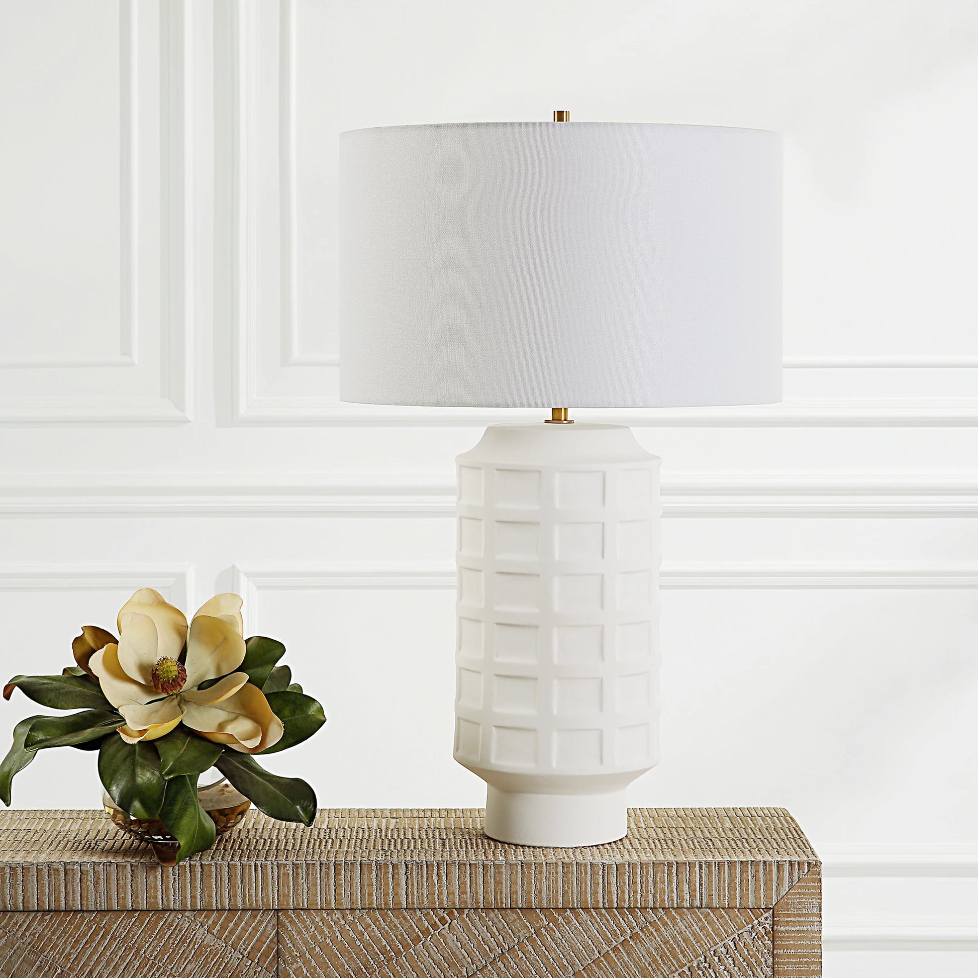 Window Pane Table Lamp by Uttermost in chalk white. Made from ceramic, fabric, iron in a modern style.
