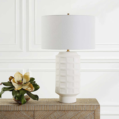 Window Pane Table Lamp by Uttermost in chalk white. Made from ceramic, fabric, iron in a modern style.