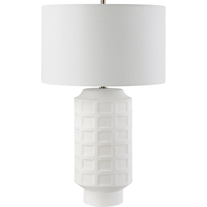 Window Pane Table Lamp by Uttermost in chalk white. Made from ceramic, fabric, iron in a modern style.