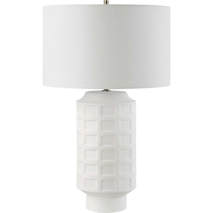 Window Pane Table Lamp by Uttermost in chalk white. Made from ceramic, fabric, iron in a modern style.