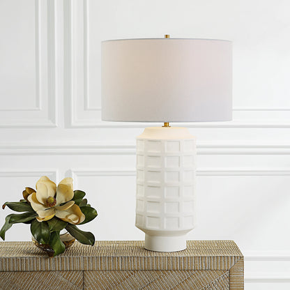 Window Pane Table Lamp by Uttermost in chalk white. Made from ceramic, fabric, iron in a modern style.