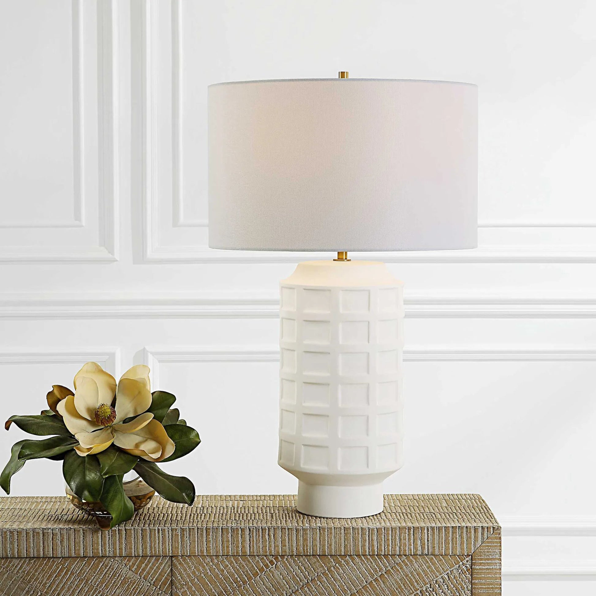 Window Pane Table Lamp by Uttermost in chalk white. Made from ceramic, fabric, iron in a modern style.