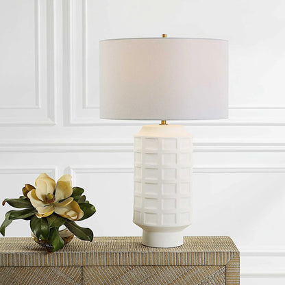 Window Pane Table Lamp by Uttermost in chalk white. Made from ceramic, fabric, iron in a modern style.