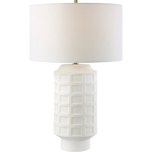 Window Pane Table Lamp by Uttermost in chalk white. Made from ceramic, fabric, iron in a modern style.