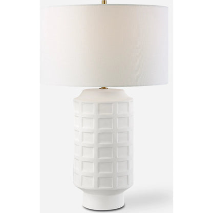 Window Pane Table Lamp by Uttermost in chalk white. Made from ceramic, fabric, iron in a modern style.
