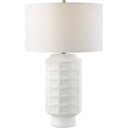 Window Pane Table Lamp by Uttermost in chalk white. Made from ceramic, fabric, iron in a modern style.