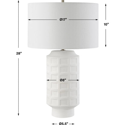 Window Pane Table Lamp by Uttermost in chalk white. Made from ceramic, fabric, iron in a modern style.