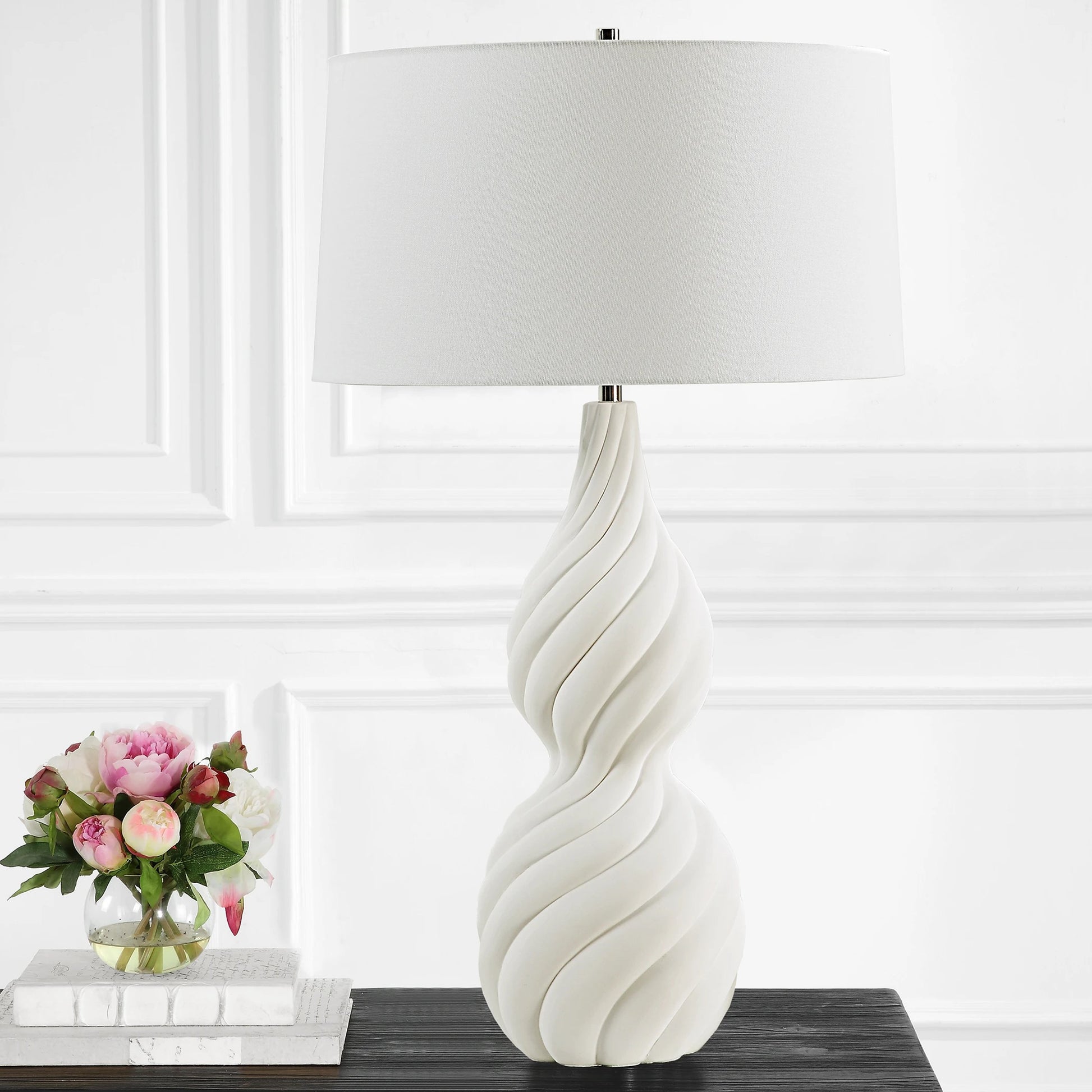 Twisted Swirl Table Lamp by Uttermost in chalk white, nickel. Made from ceramic, iron, fabric in a modern style.