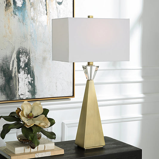 Arete Modern Table Lamp by Uttermost in brass. Made from iron, crystal, fabric in a modern style.