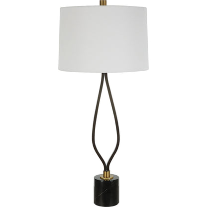 Separate Paths Table Lamp by Uttermost in black, antique brass. Made from steel, marble, fabric in a modern style.