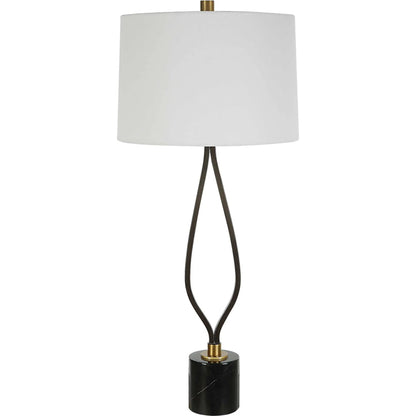 Separate Paths Table Lamp by Uttermost in black, antique brass. Made from steel, marble, fabric in a modern style.