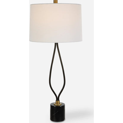 Separate Paths Table Lamp by Uttermost in black, antique brass. Made from steel, marble, fabric in a modern style.