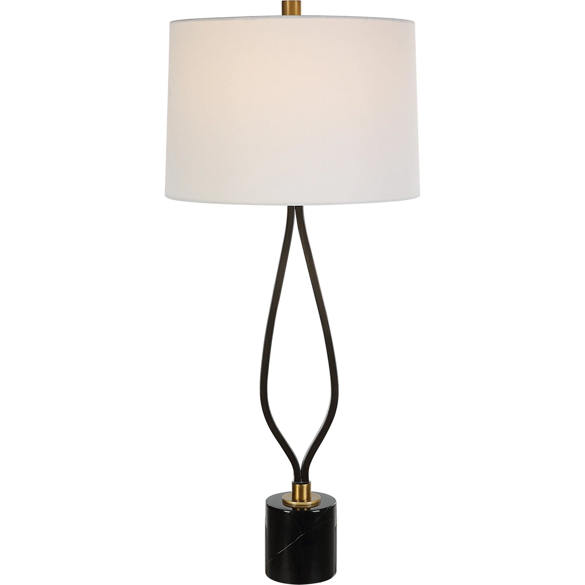 Separate Paths Table Lamp by Uttermost in black, antique brass. Made from steel, marble, fabric in a modern style.