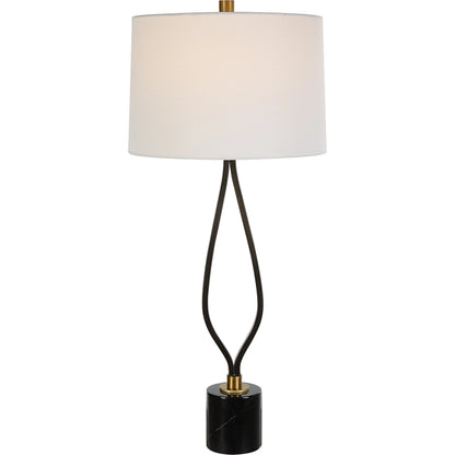 Separate Paths Table Lamp by Uttermost in black, antique brass. Made from steel, marble, fabric in a modern style.