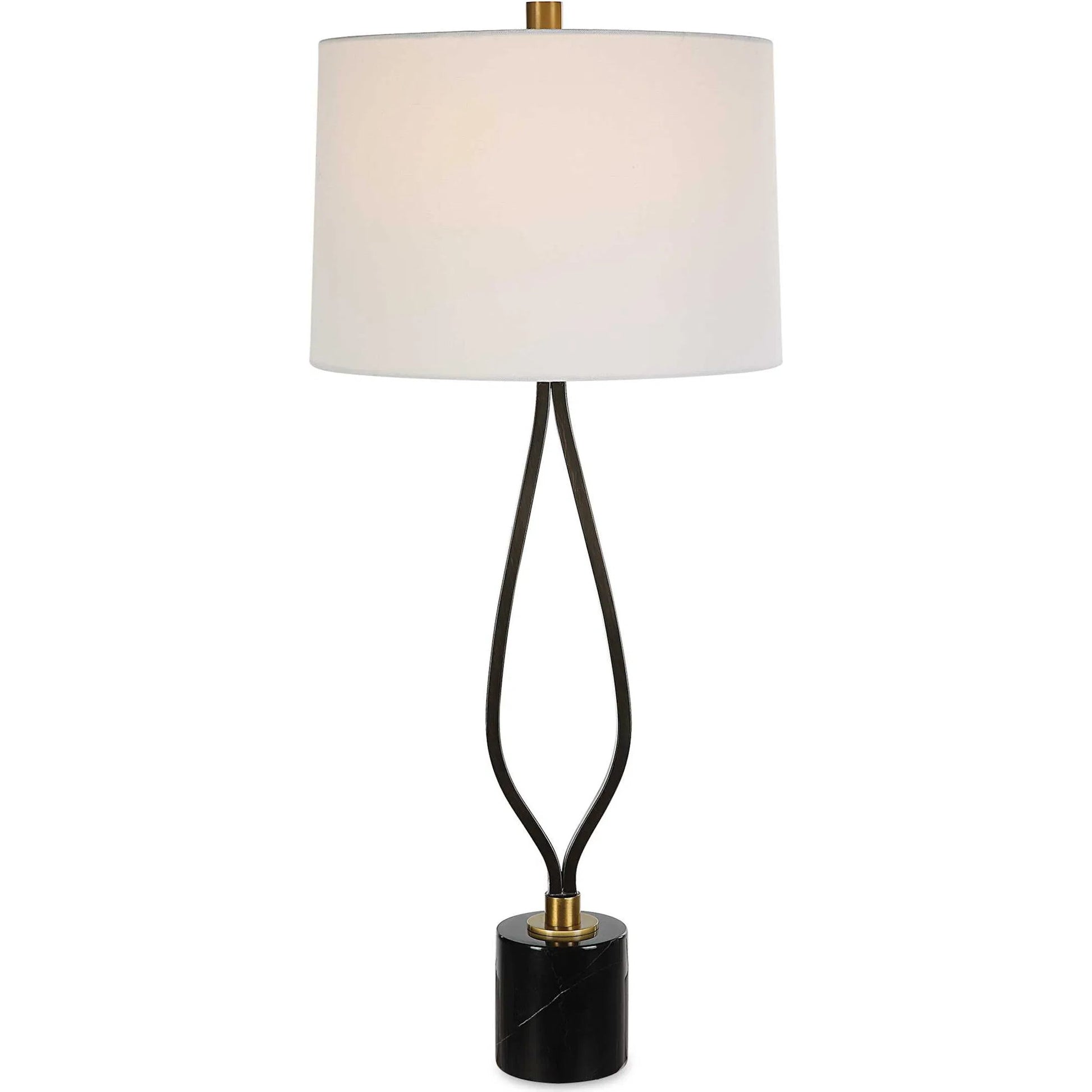 Separate Paths Table Lamp by Uttermost in black, antique brass. Made from steel, marble, fabric in a modern style.