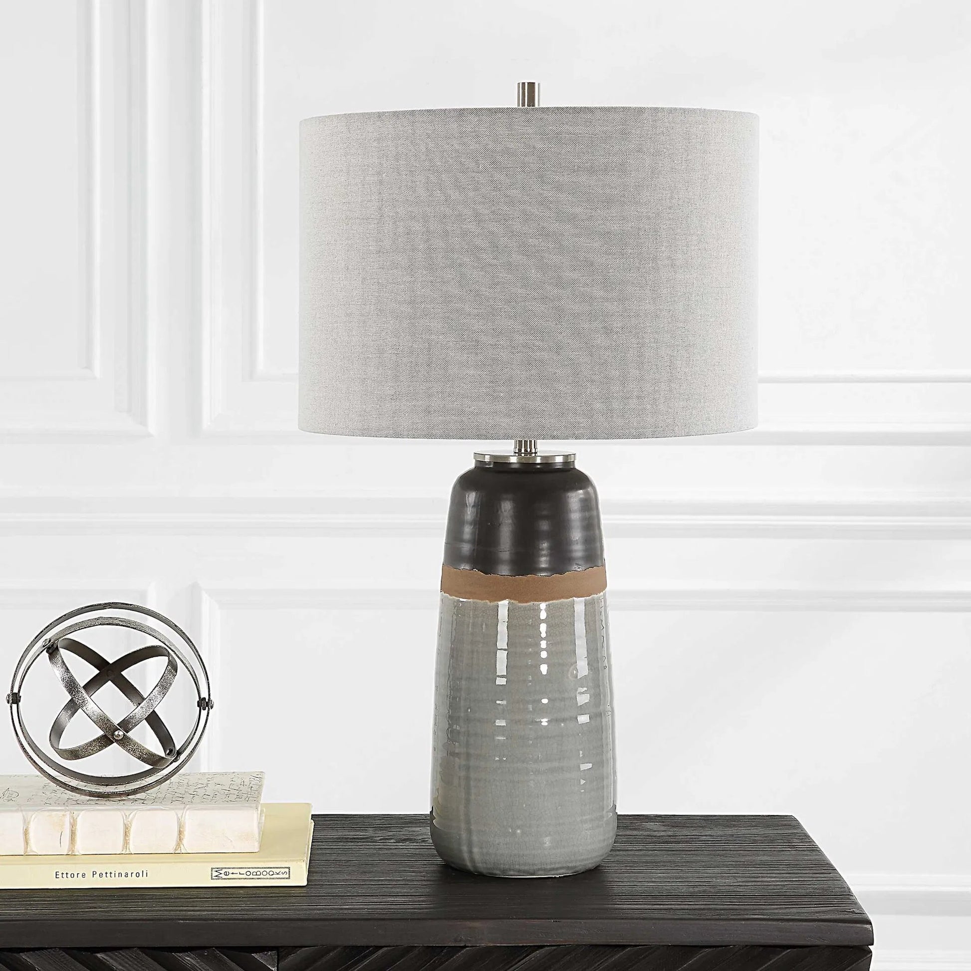 Coen Table Lamp by Uttermost in nickel. Made from steel, ceramic, fabric in a modern style.