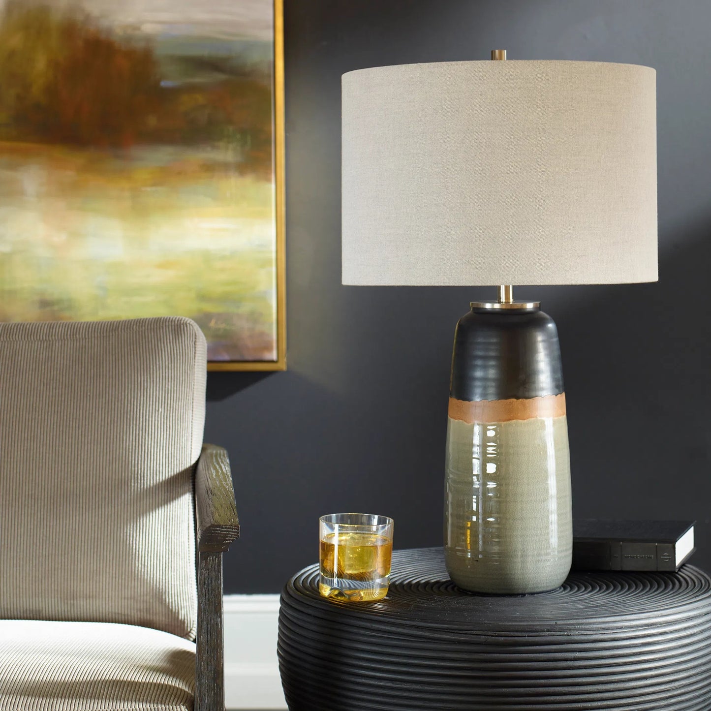005 SI-2146869 | Lifestyle | Coen Table Lamp by Uttermost in nickel. Made from steel, ceramic, fabric in a modern style.