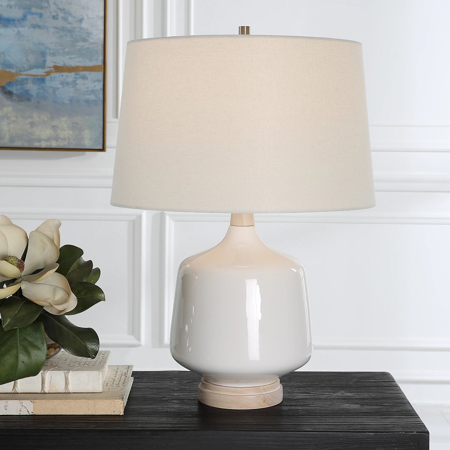 004 SI-2146878 | Lifestyle | Opal Table Lamp by Uttermost in white. Made from wood, ceramic, fabric in a modern style.