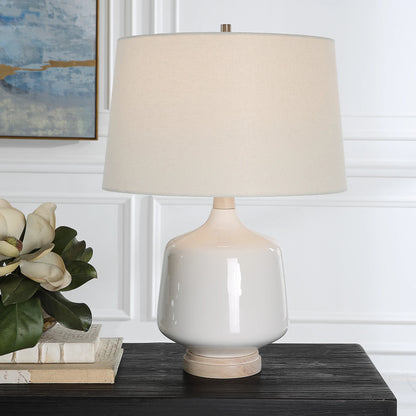 Opal Table Lamp by Uttermost in white. Made from wood, ceramic, fabric in a modern style.