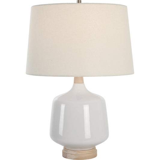 Opal Table Lamp by Uttermost in white. Made from wood, ceramic, fabric in a modern style.