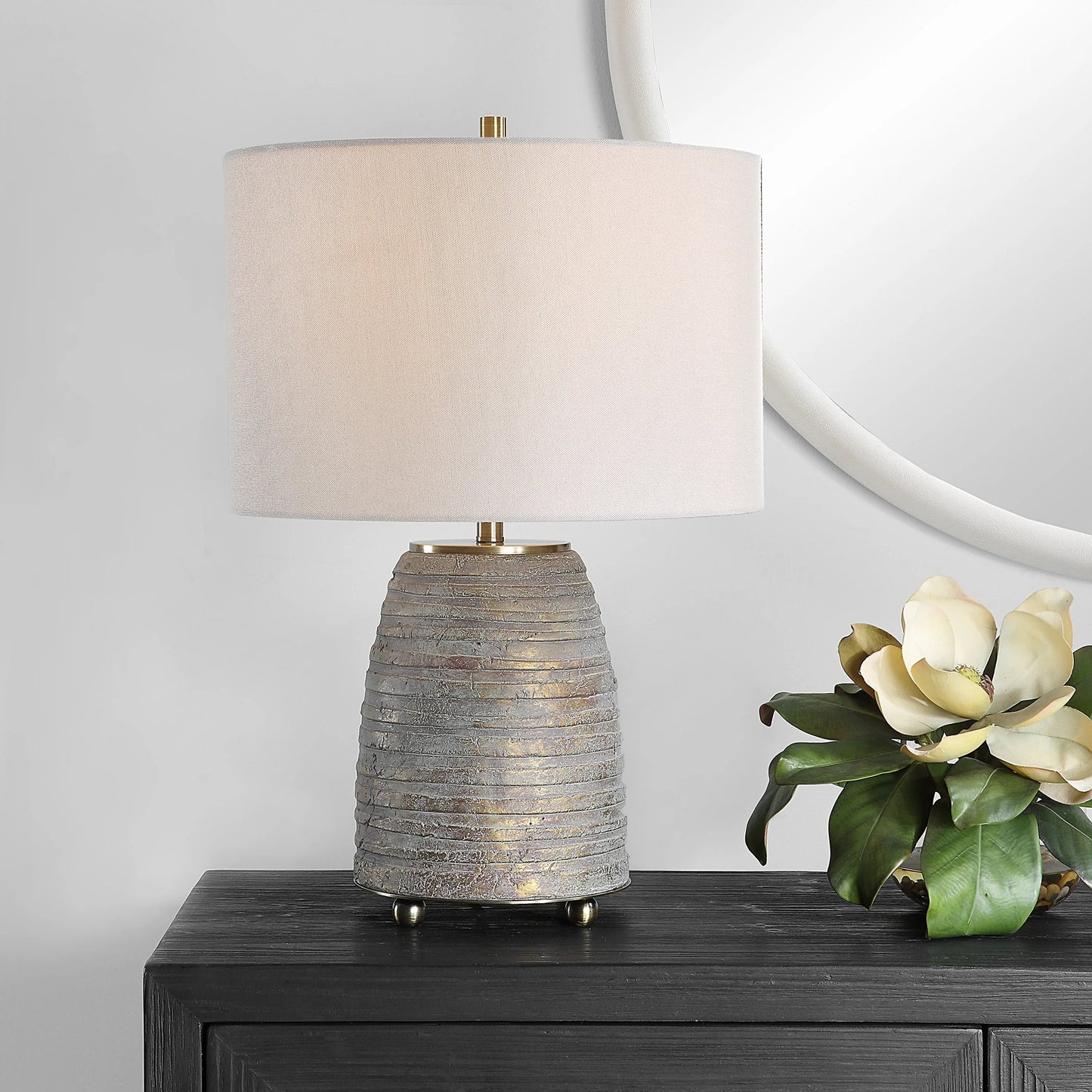 002 SI-2146880 | Lifestyle | Gorda Ceramic Table Lamp by Uttermost in bronze. Made from steel, ceramic, fabric in a modern style.