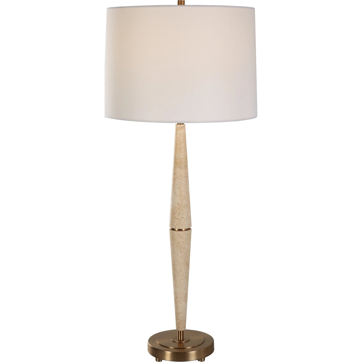 001 SI-2146875 | Primary Silo | Palu Travertine Table Lamp by Uttermost in brass. Made from iron, travertine, linen in a modern style.