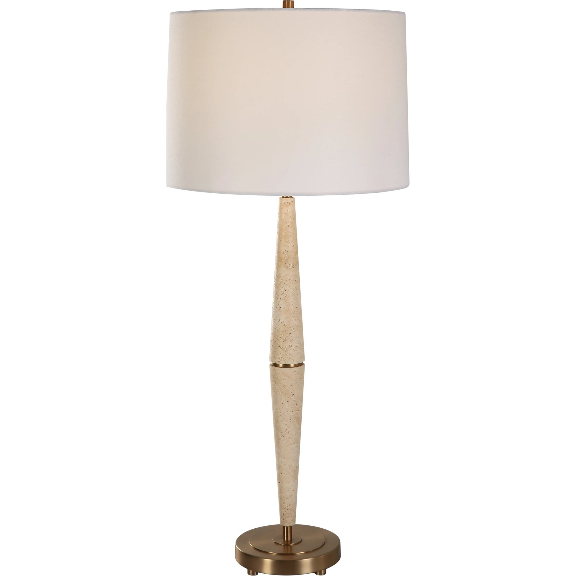 Palu Travertine Table Lamp by Uttermost in brass. Made from iron, travertine, linen in a modern style.