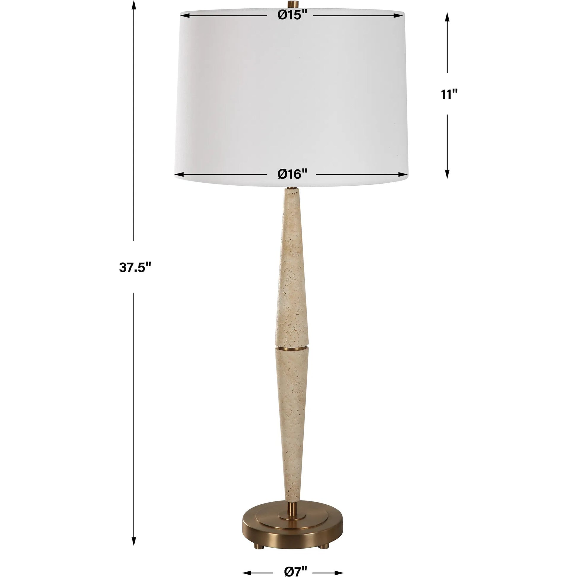 Palu Travertine Table Lamp by Uttermost in brass. Made from iron, travertine, linen in a modern style.