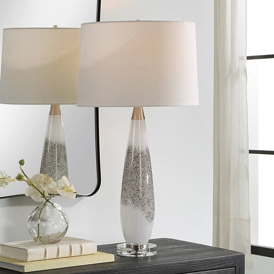 Quinn Table Lamp by Uttermost in silver. Made from crystal, glass, iron, fabric in a unique style.