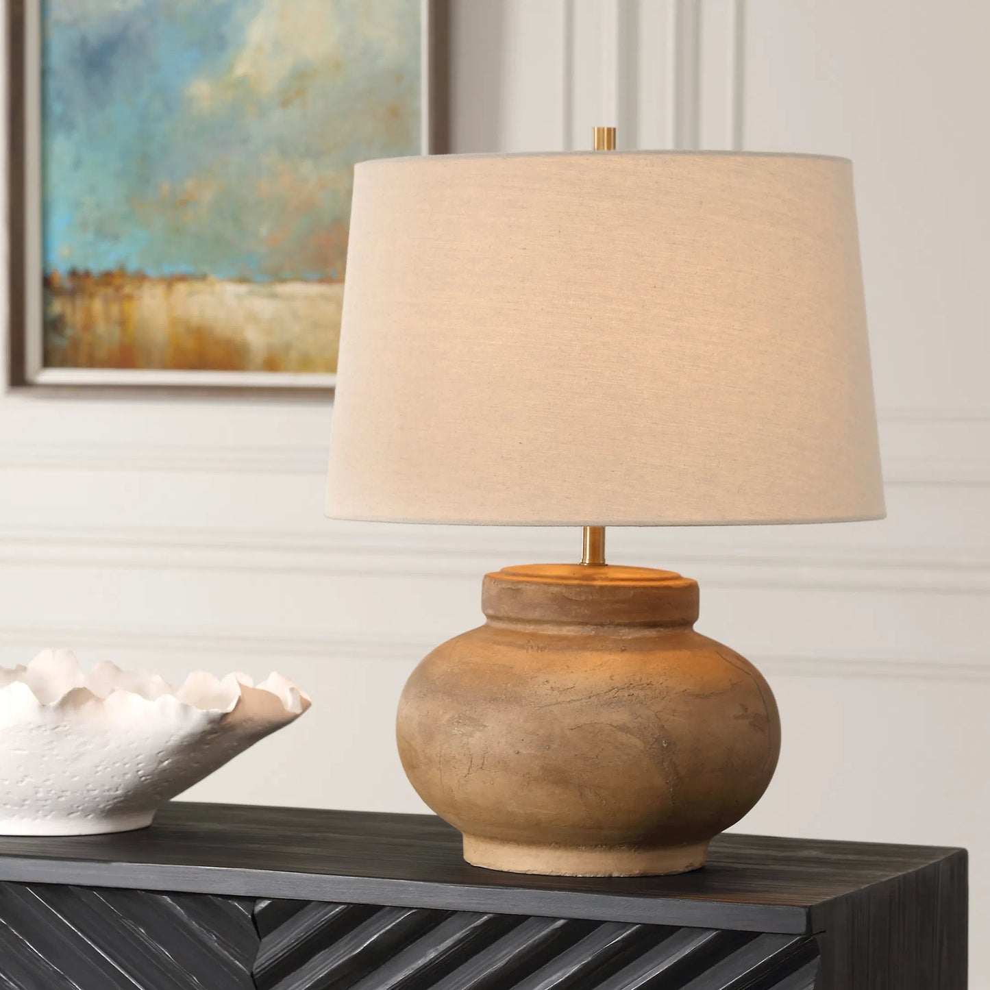 005 SI-2262383 | Lifestyle | Urbino Aged Terracotta Table Lamp by Uttermost in brass. Made from steel, terracotta with antique, fabri in a traditional style.
