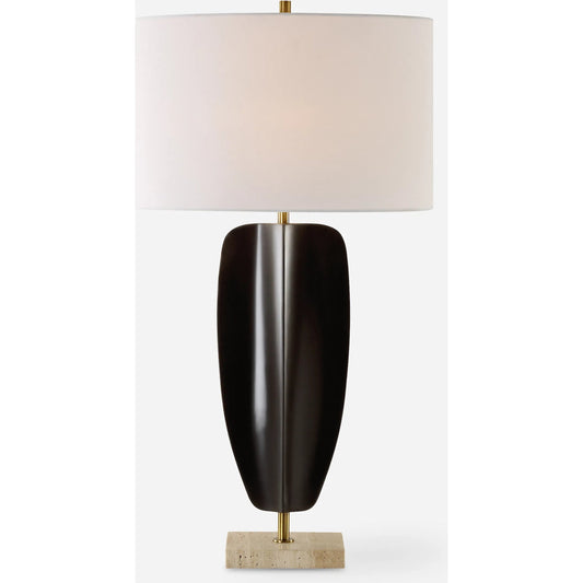 Kure Table Lamp by Uttermost in brass. Made from iron, travertine, fabric in a unique style.