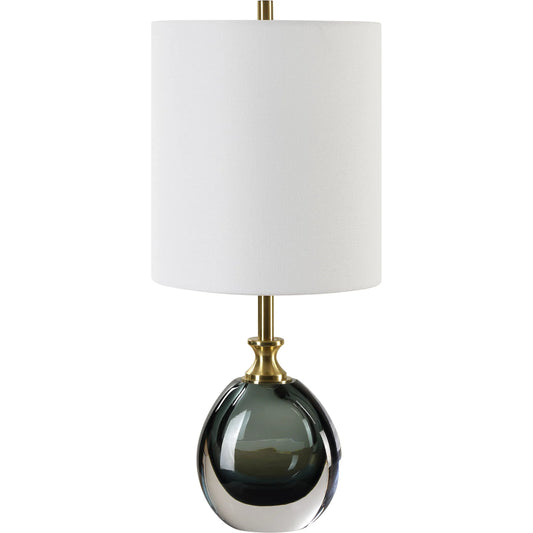 Enigma Glass Buffet Lamp by Uttermost in brass. Made from colored glaze glass, metal, fabric in a unique style.