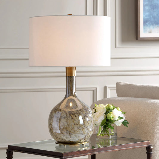 Rhine Glass Table Lamp by Uttermost in dark brown, smoke gray. Made from steel, glass, fabric in a unique style.