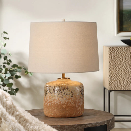 Canyon Textured Table Lamp by Uttermost in brass. Made from steel, ceramic, fabric in a unique style.