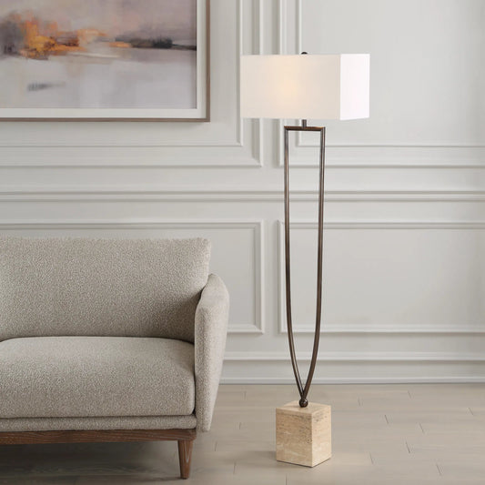 Fork in the Road Floor Lamp by Uttermost in dark bronze. Made from travertine, iron, fabric in a unique style.